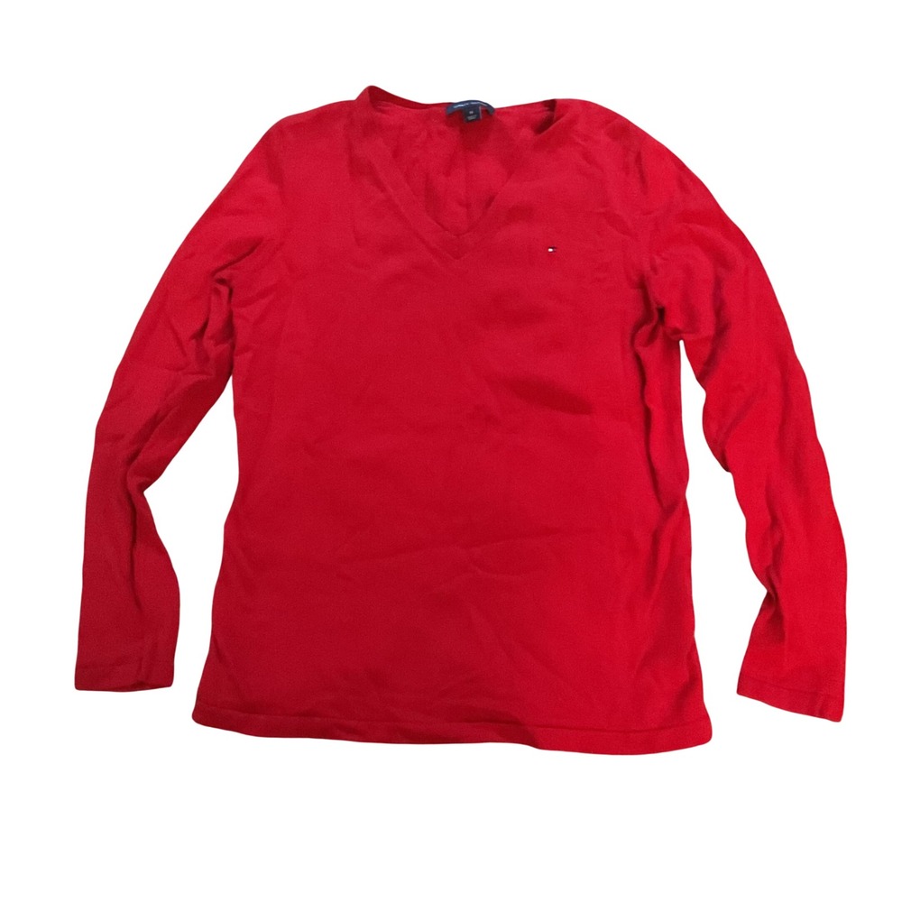 Tommy Hilfiger Womens Red V-Neck Long Sleeve Knit Top Logo Size M